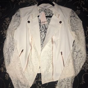 Candies Lace Moto Jacket Ivory Tusk